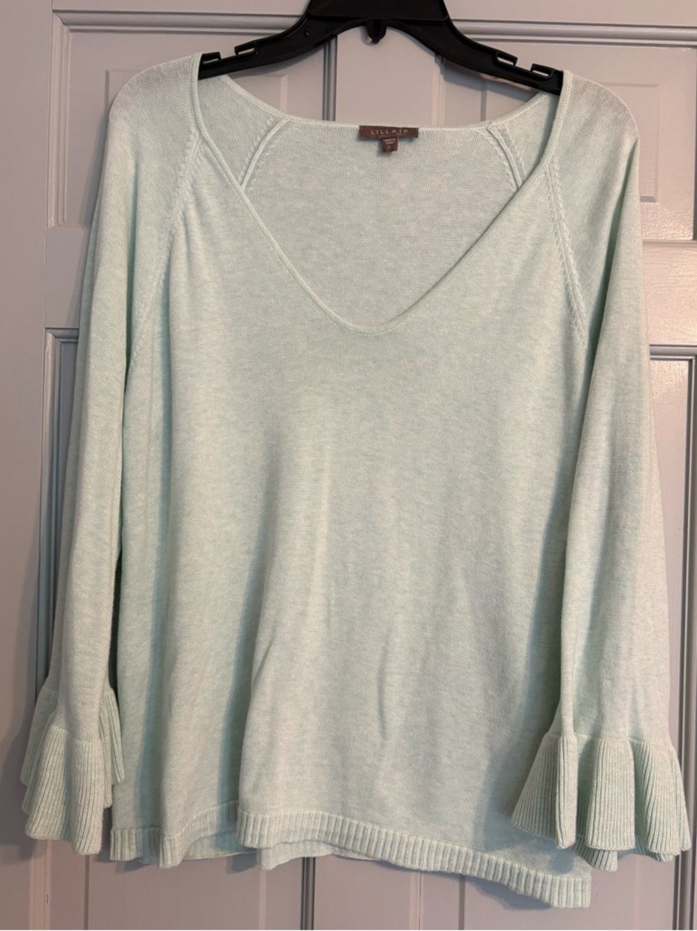 Lilla P Large Mint V-Neck Ruffle Bell Long Sleeve Sweater
